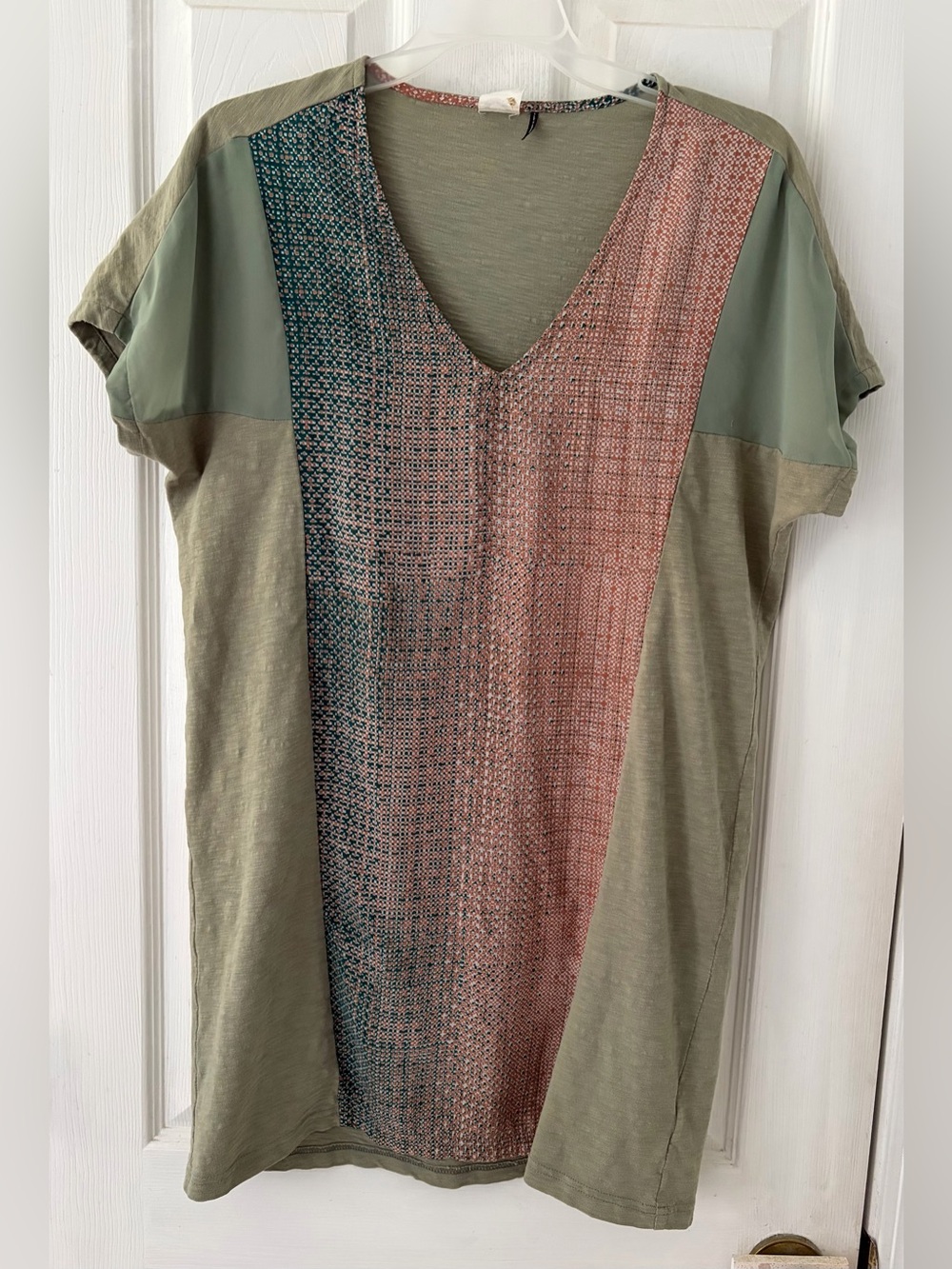 Anthropologie Olive Tunic with Teal & Dusty Rose Front Panels